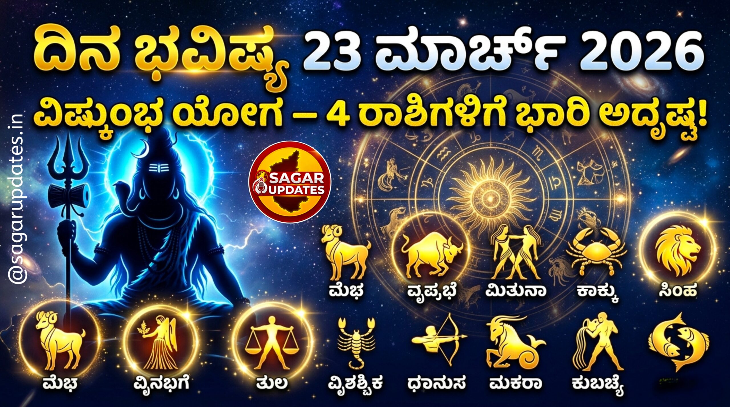 23 ಮಾರ್ಚ್ 2026 ದಿನ ಭವಿಷ್ಯ: ವಿಷ್ಕುಂಭ ಯೋಗದಿಂದ ಮೇಷ, ಸಿಂಹ, ವೃಶ್ಚಿಕ ಮತ್ತು ಕುಂಭ ರಾಶಿಗಳಿಗೆ ಭಾರಿ ಅದೃಷ್ಟ. ಇಂದಿನ ಪಂಚಾಂಗ, ರಾಹುಕಾಲ, ಶುಭ ಸಮಯ ಮತ್ತು ಸಂಪೂರ್ಣ ರಾಶಿ ಭವಿಷ್ಯ ಇಲ್ಲಿ ಓದಿ.